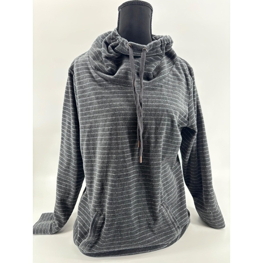 Made for Life Velour Cowl Neck Hoodie Womens M Silver Gray Stripe Y2K McBling